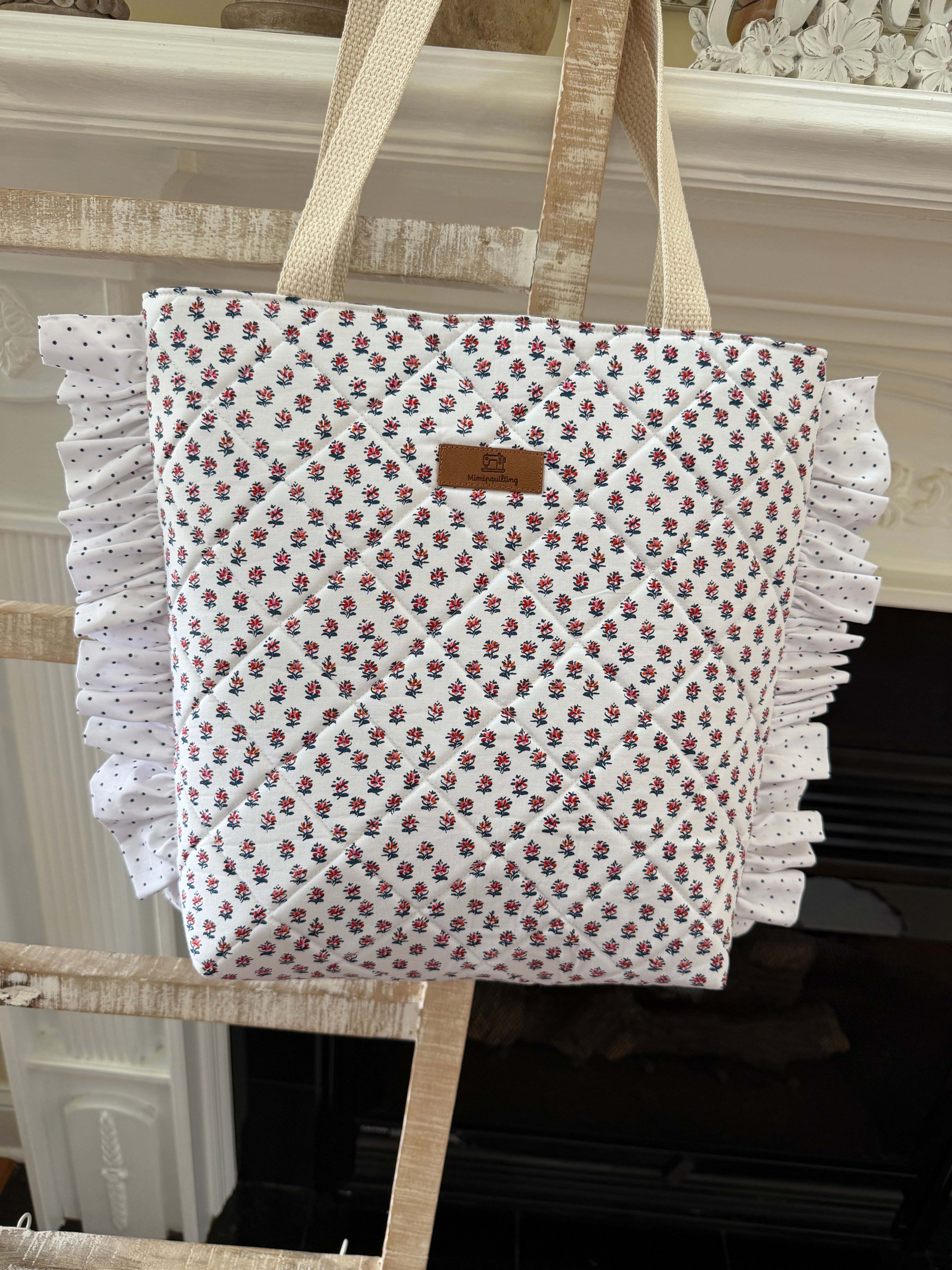 Quilted Ruffle Tote Bag Size: 13” W × 13” H × 4” D