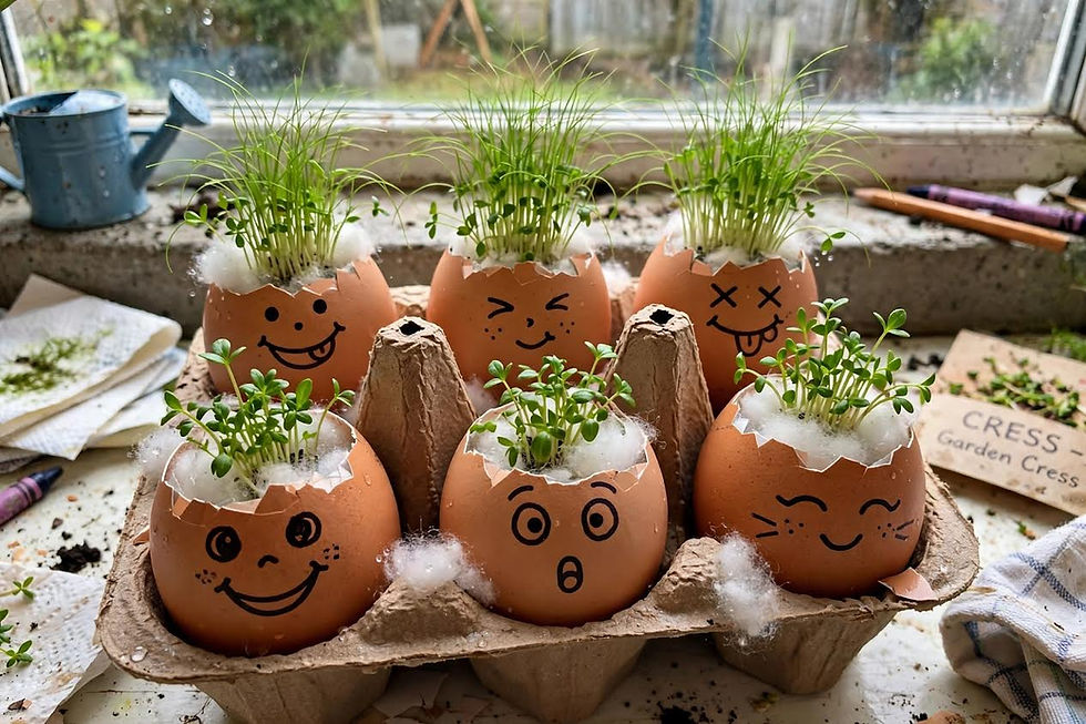 Cress heads growing in egg shells with funny faces - kids gardening