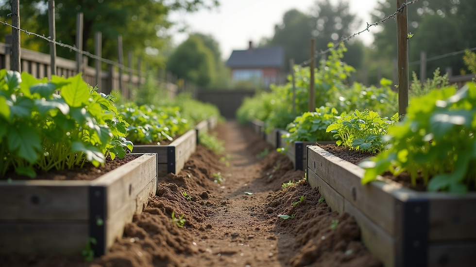 Eye-level view of a Kent allotment with raised beds and various vegetable plants