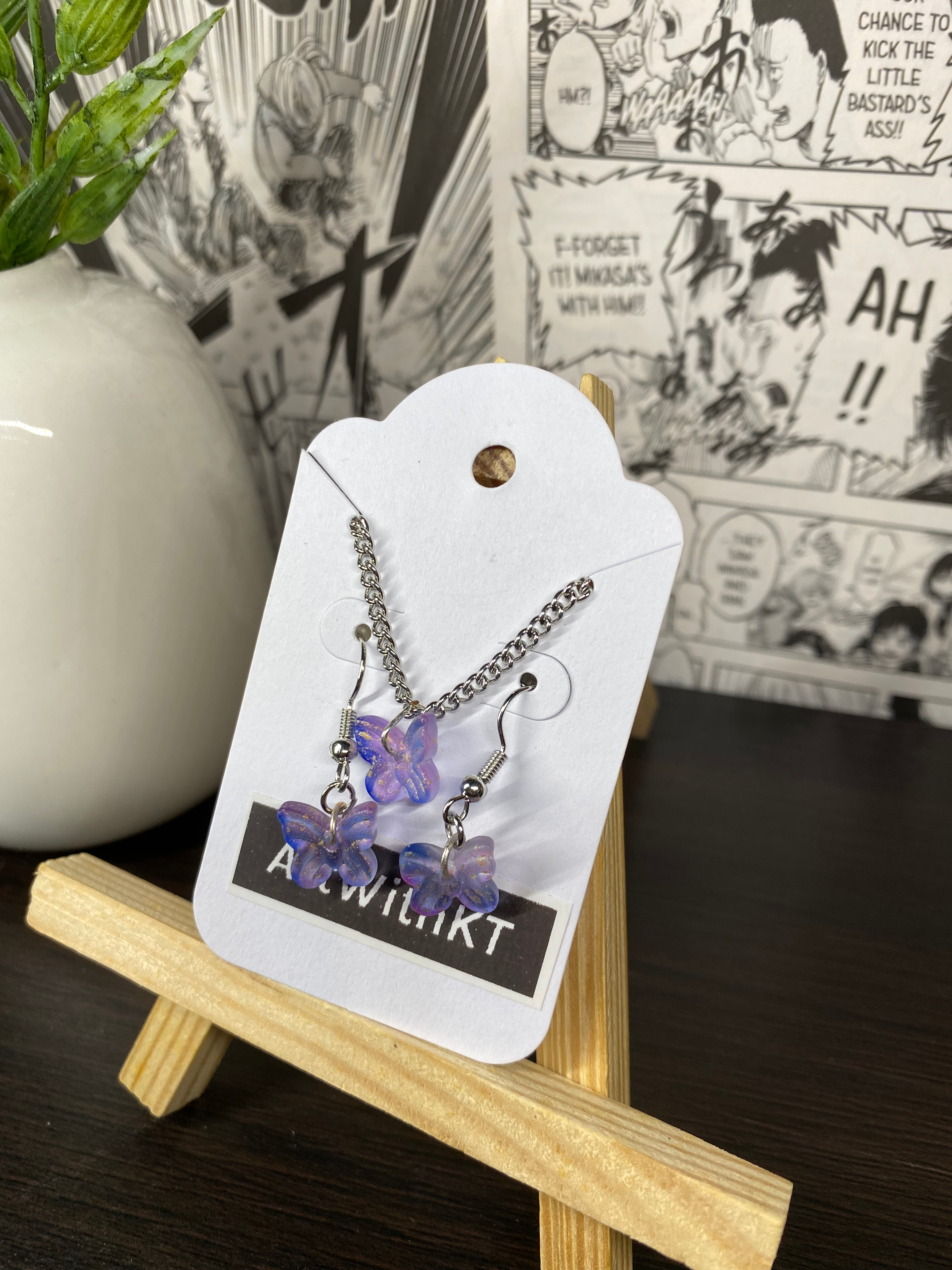Purple / Blue Butterfly Earrings & Necklace