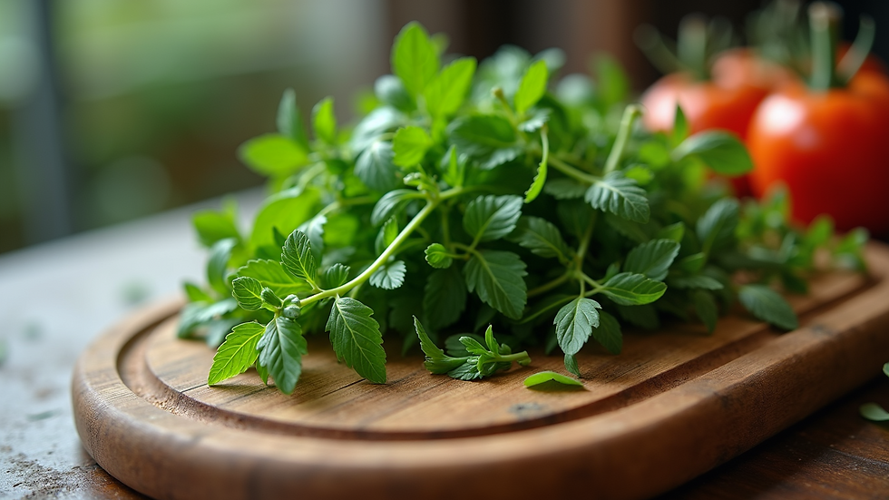 High angle view of fresh herbs on wooden cutting board