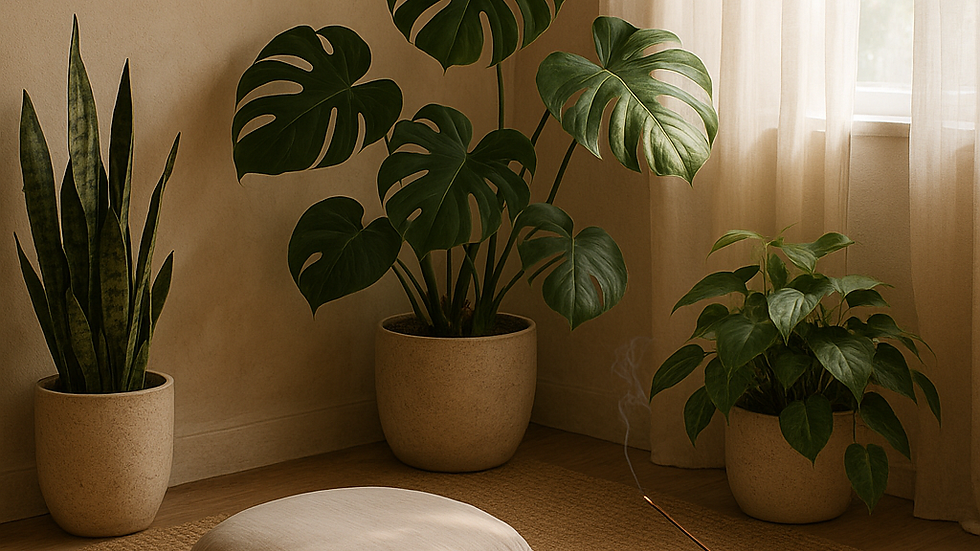 Cozy room with large potted plants, cushion, and wooden table holding a lit candle and incense. Sunlit window and neutral tones enhance calm.