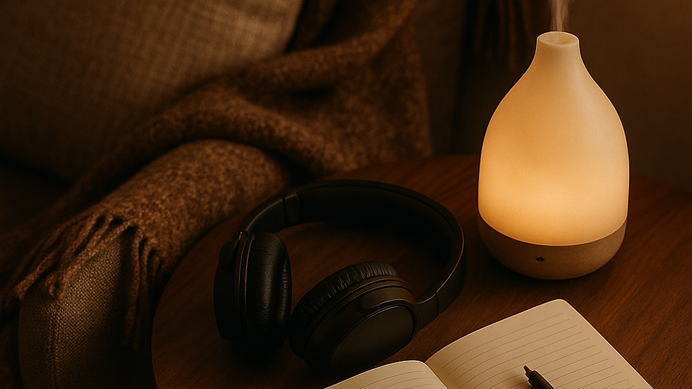 Cozy scene with an open notebook and pen on a table, headphones, and a glowing diffuser emitting steam. A blanket and pillow are in the background.