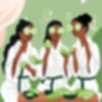 three girls in robes having a spa day with cucumbers