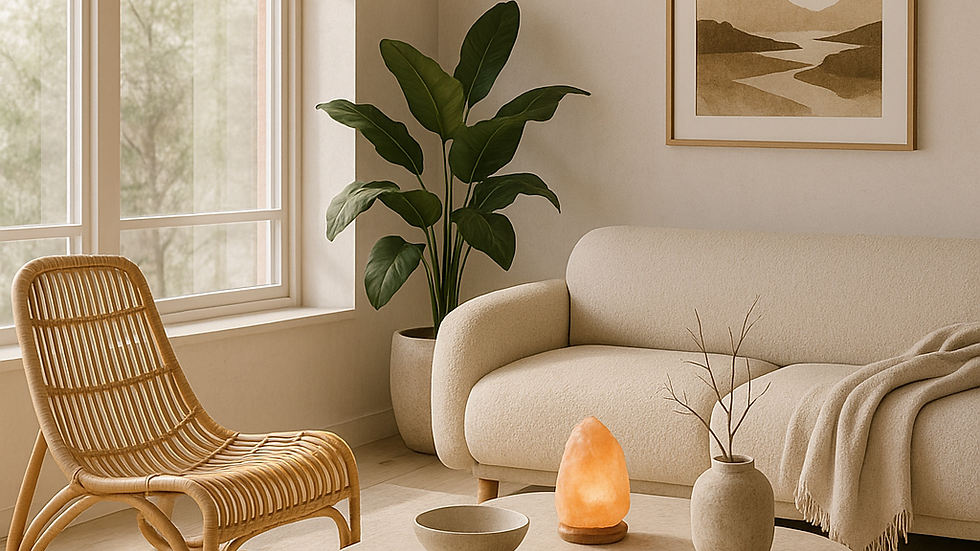 Minimal living room with a cream sofa, rattan chair, stone table, and warm lamp. Large plant, abstract art, and bamboo blinds add to the calm vibe.
