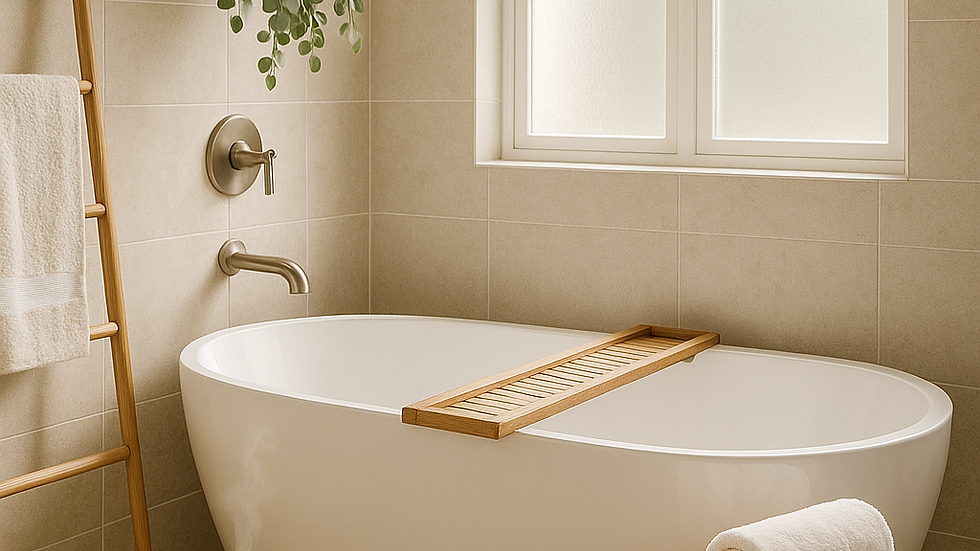 Minimalist bathroom with beige tiles, white tub, eucalyptus on showerhead, wooden stool with rolled towels, and a steamy diffuser on the floor.