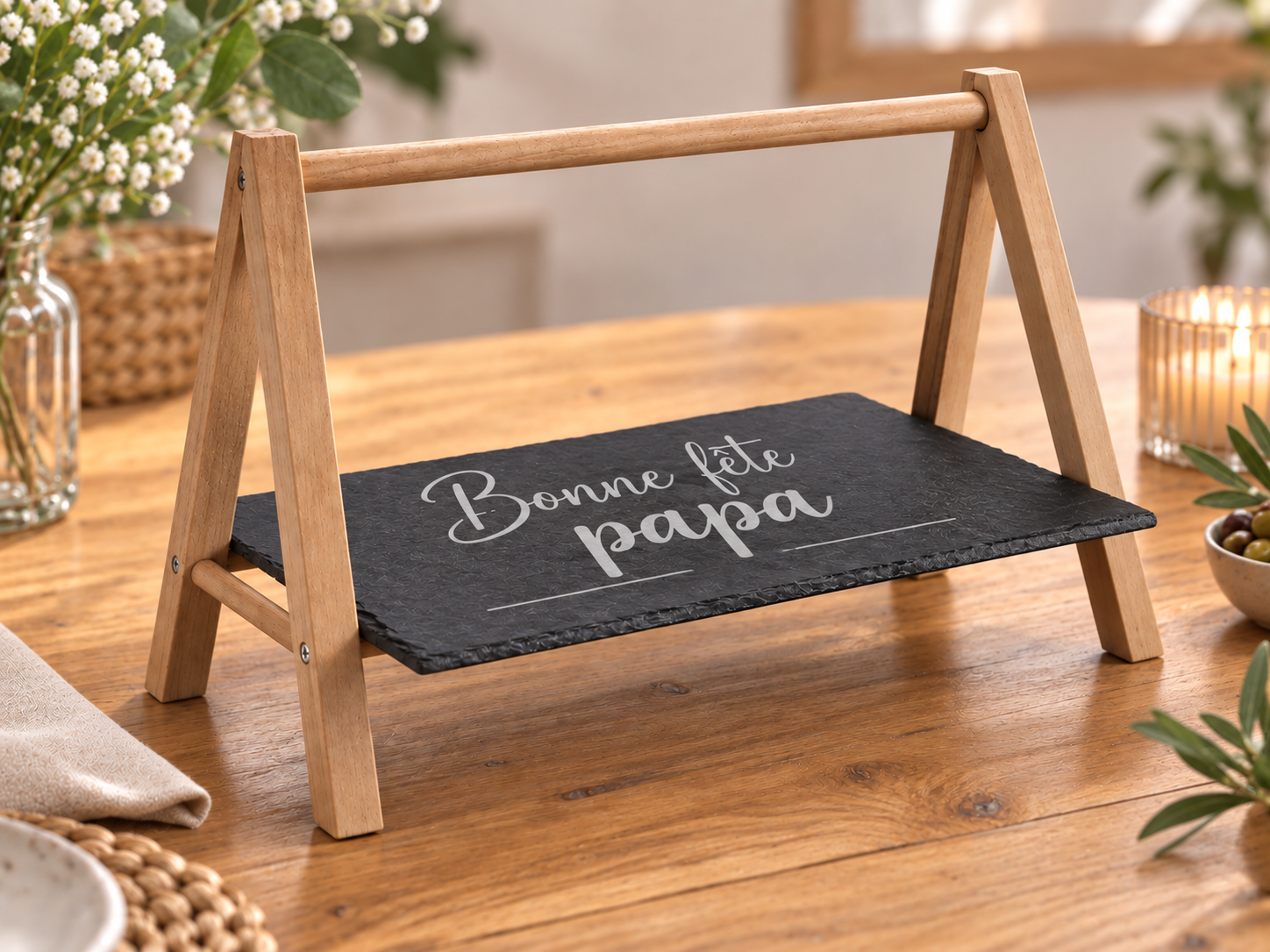 Présentoir apéritif en bois & ardoise personnalisable