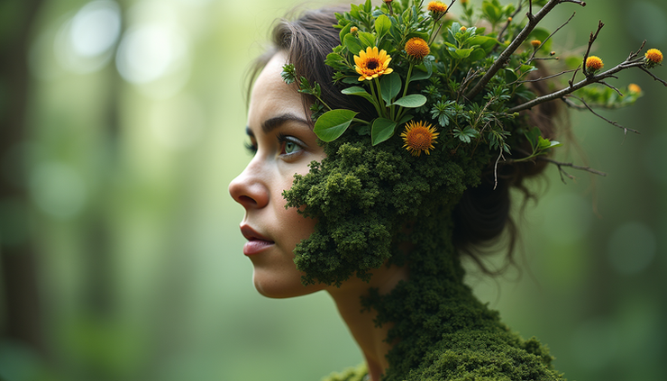 Vista a nivel de ojo de un humano fusionado con elementos naturales, simbolizando la conexión entre el ser humano y la naturaleza