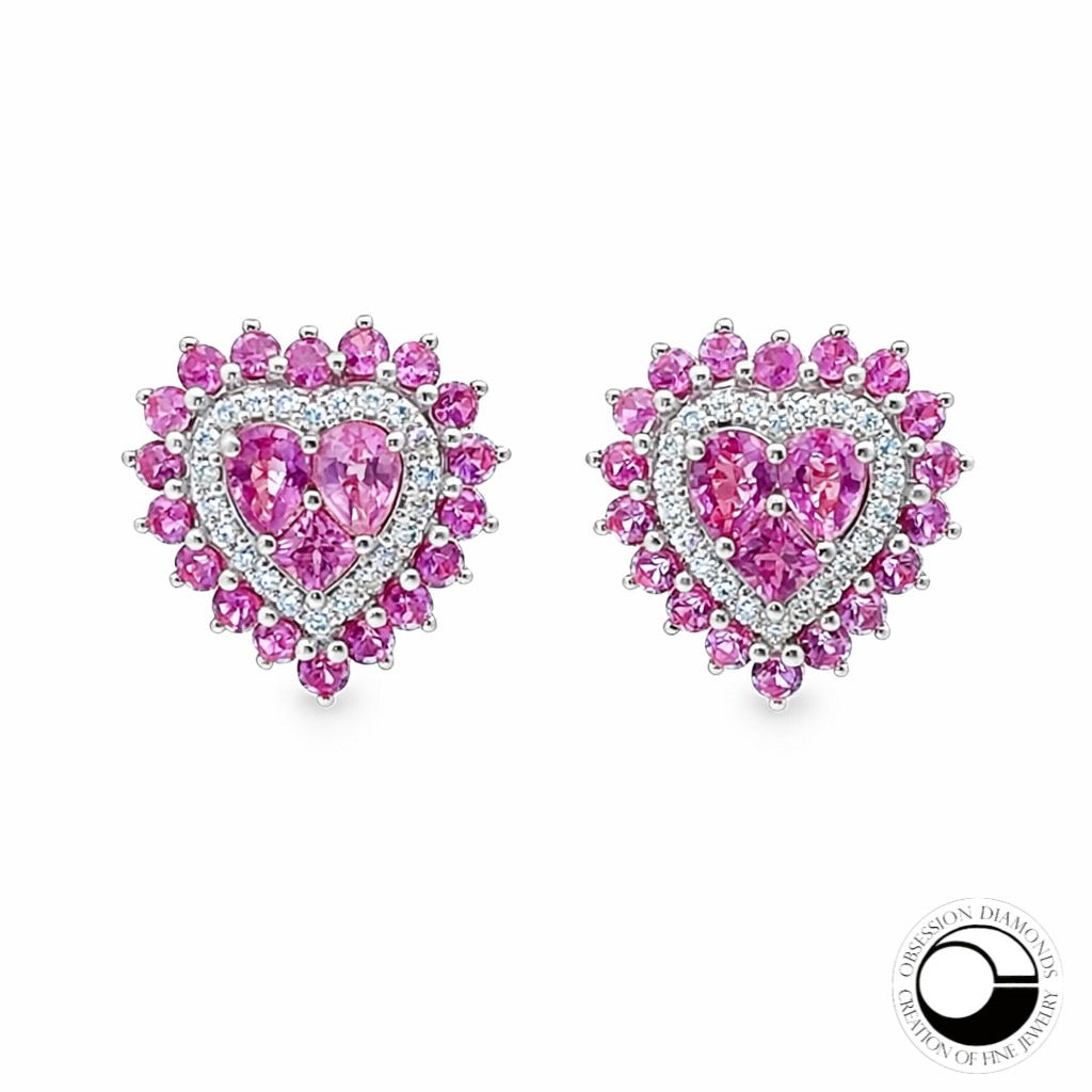 Pink Sapphire and Diamond Heart Shape Stud Earrings
