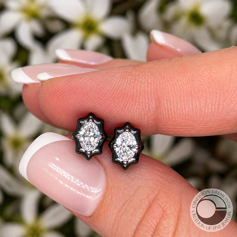 Thumbnail: Black Rhodium Scalloped Edge Oval Diamond Stud Earrings