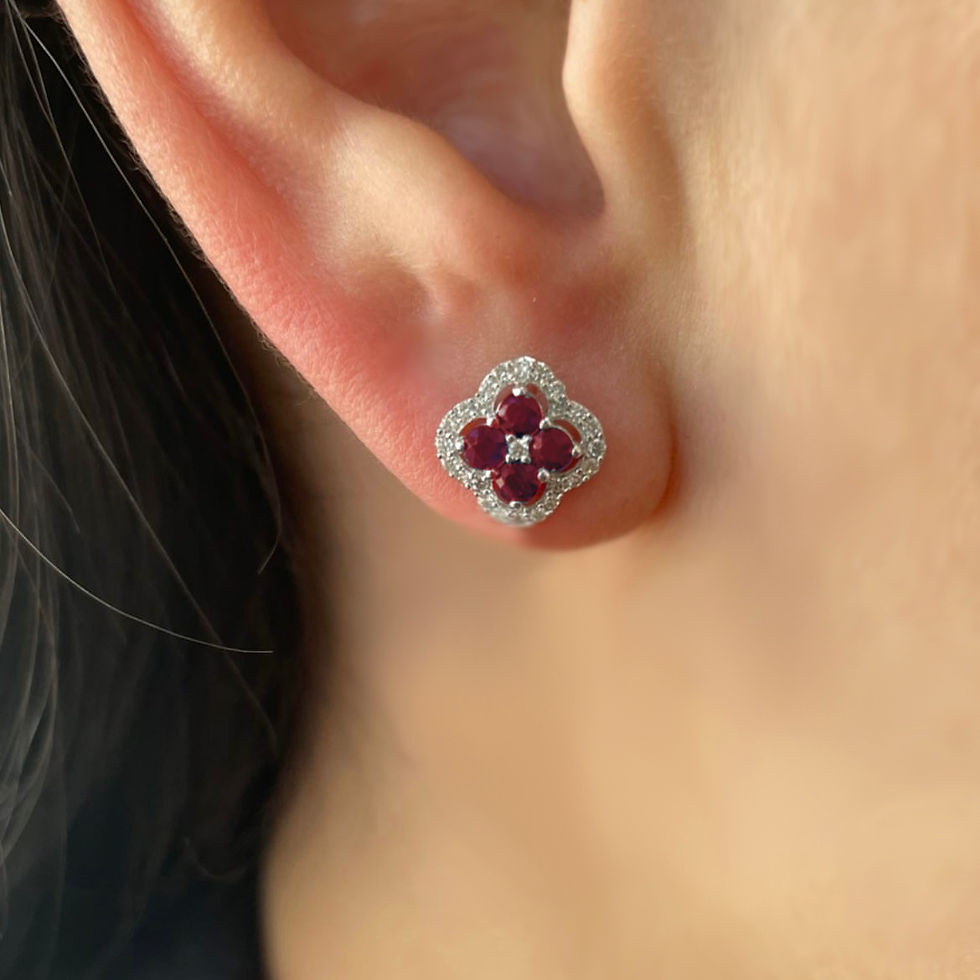 Thumbnail: Ruby and Diamonds Clover Shape Stud Earrings