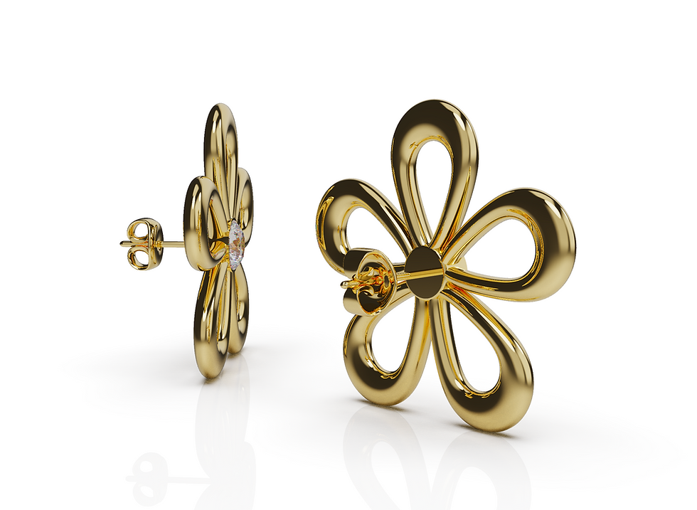 Thumbnail: Center Diamond Five Petal Gold Stud Earrings