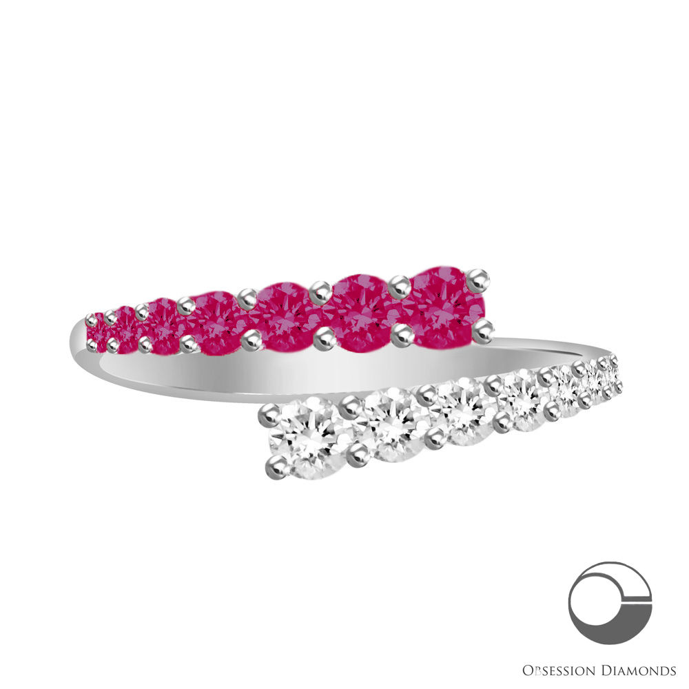 Half Ruby and Half Diamond Bypass Ring