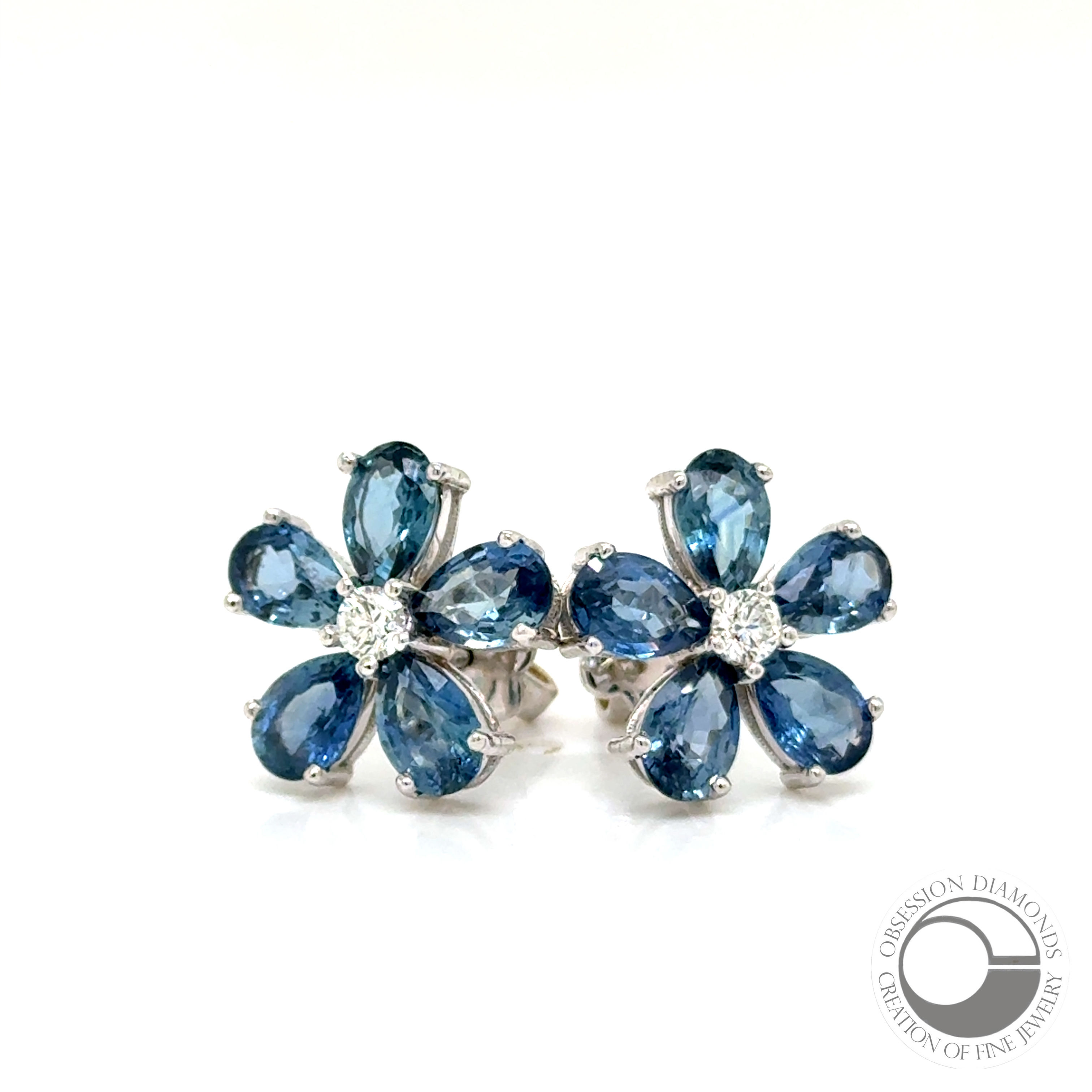 Pear Shaped Blue Sapphire Flower Earrings