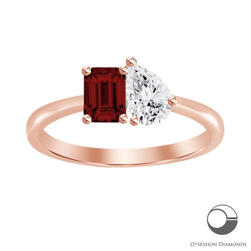 Thumbnail: Emerald Cut Ruby and Pear Shaped Diamond Toi Et Moi Ring