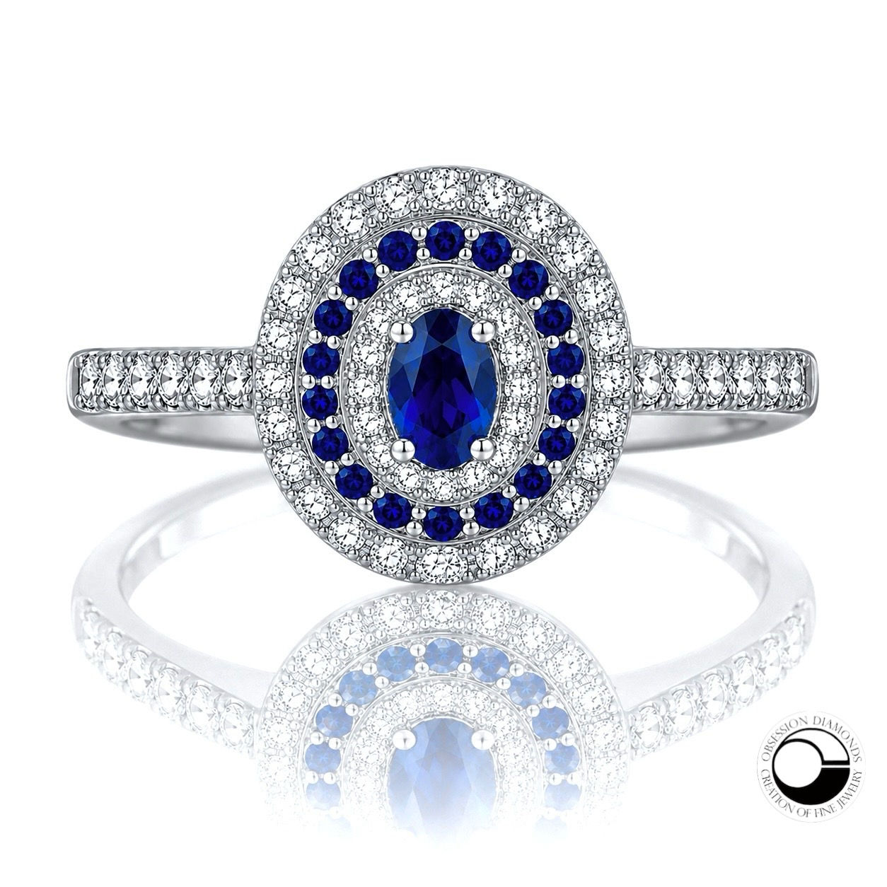Double Halo Blue Sapphire & Diamond Oval Shape Ring