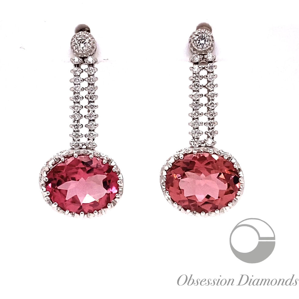 Thumbnail: Oval Shape Pink Tourmaline and Diamond Drop Earrings