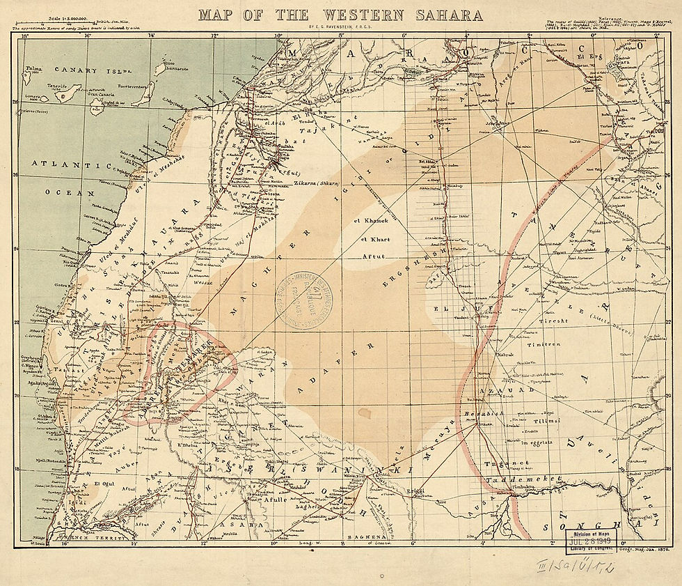 Map of the Western Sahara from 1949, highlighting Spanish colonial territories and geographic features in West Africa.