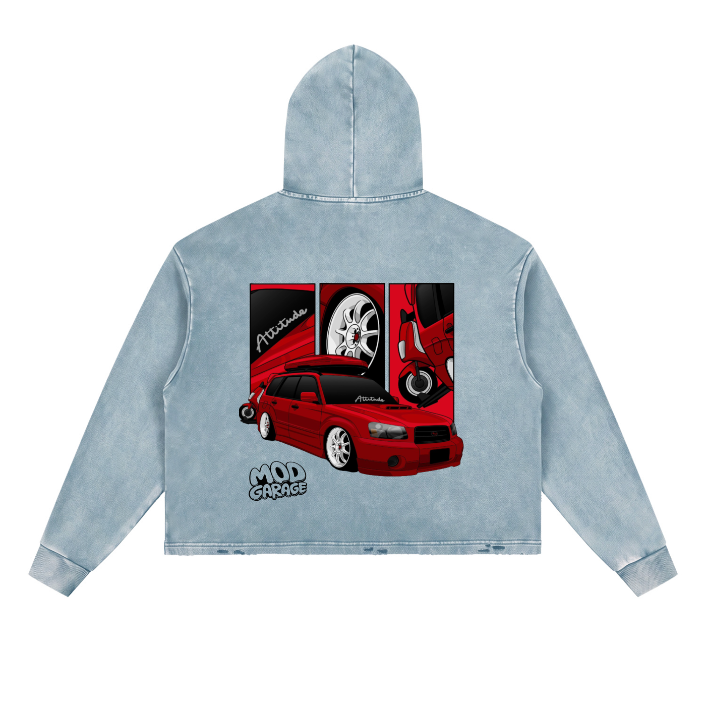 Back of light blue Vintage Subi Hoodie with red car graphic