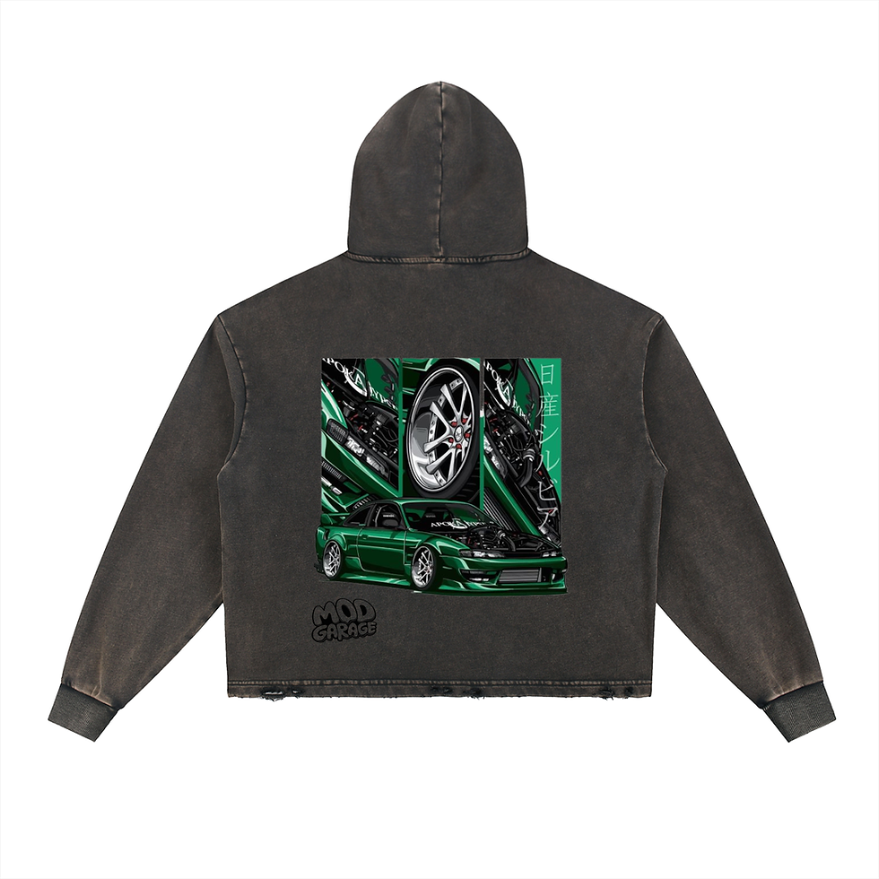 Back of a black mod garage hoodie with green car graphic