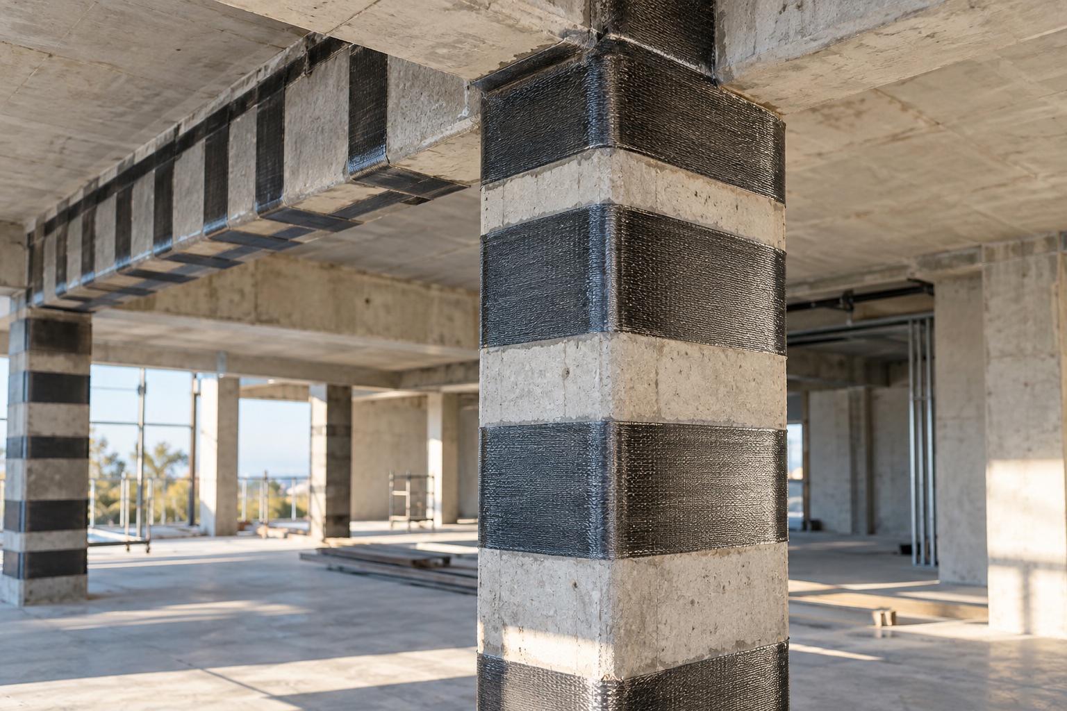 Illustrative concrete structure with carbon-fibre reinforcement wraps