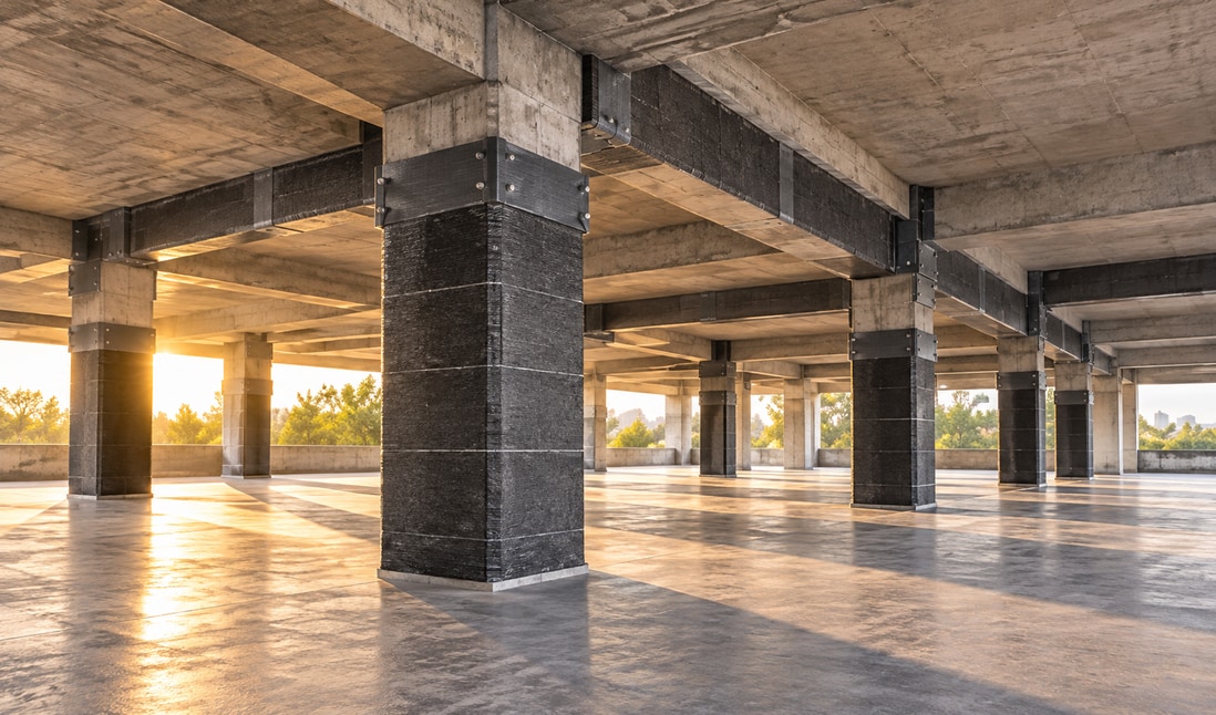 Concrete columns and beams with dark repair and strengthening bands inside a sunlit building