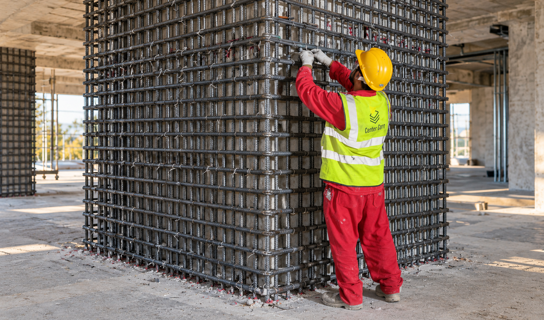 Center Core worker fastening steel reinforcement around a concrete column