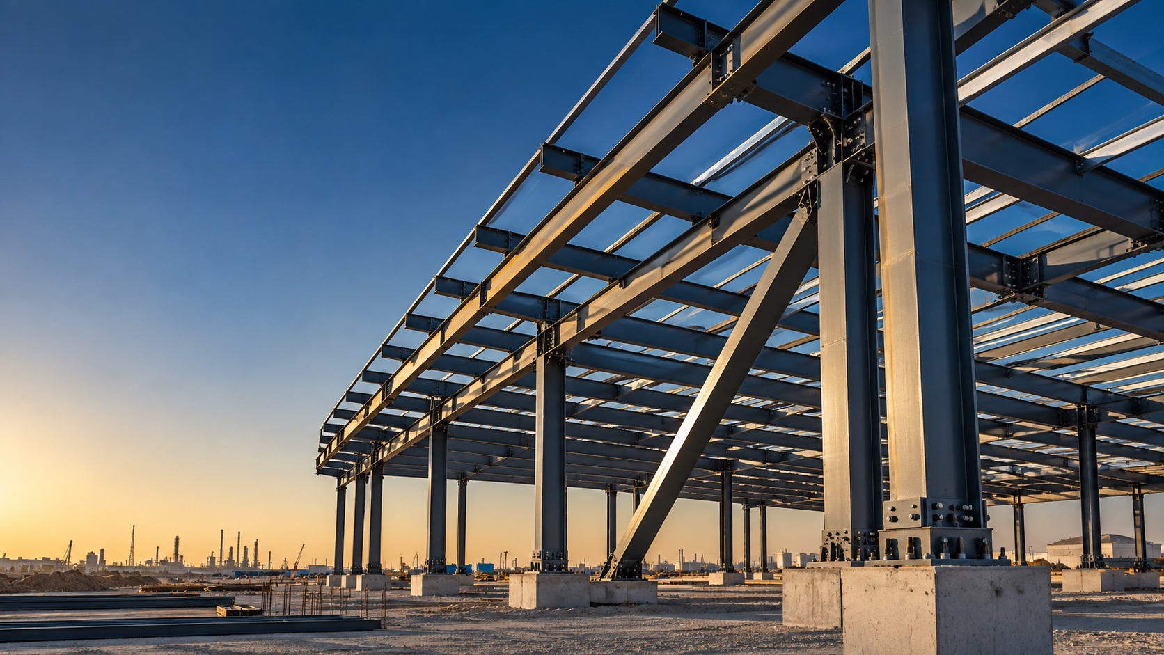 Architectural illustration of a steel framework in a UAE industrial landscape