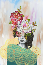 Painting by Janice of a woman's face crowned with pink and white peonies