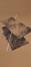 Abstract artwork by Kevin with two dark textured diamond shapes on a tan background