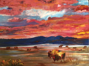Painting of bison grazing on an open plain under a pink sunset sky, artwork by Linda