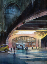 Watercolor painting by Frank of a vaulted station hall with light through the arches