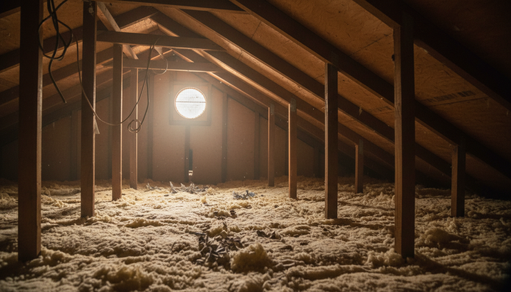 Wide-angle view of a Florida attic with visible rafters and a small roof vent.
