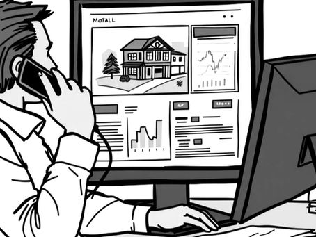 a sketch of a salesman brokering a real estate deal over the phone