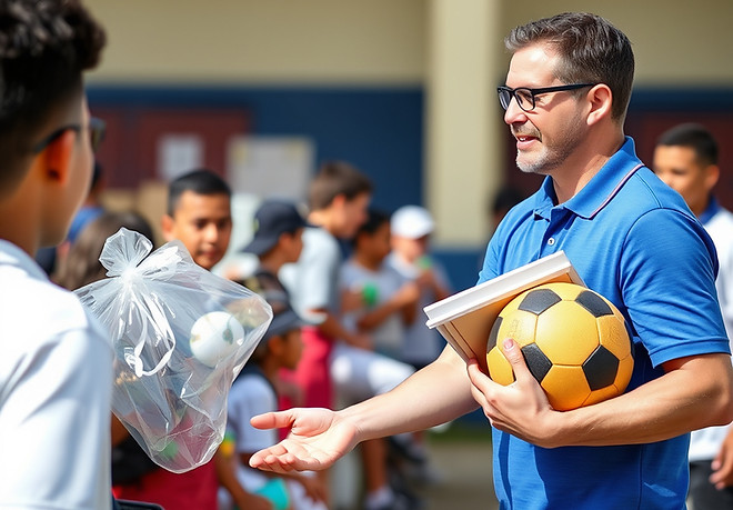 an adult wearing a blue polo handing out
