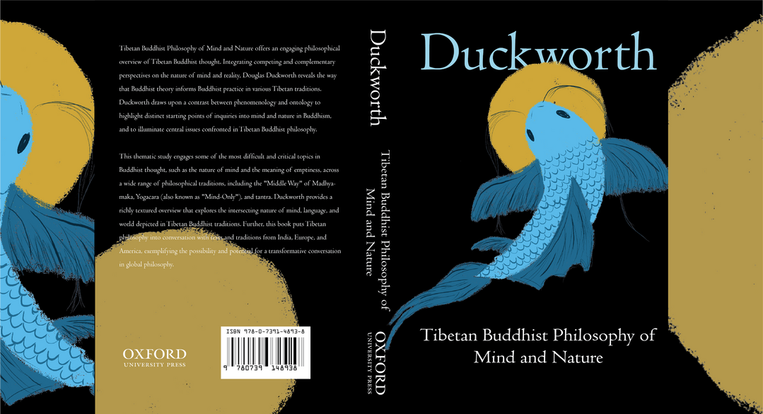 Book cover with blue koi fish on the front, a summary on the back and a close up of the fish on the side flaps.