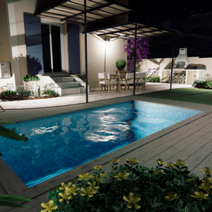 Piscine de nuit avec ses belles plages en bois