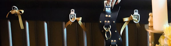 Austin Dominatrix Scarlet Vexus holding a collar on a bondage cage