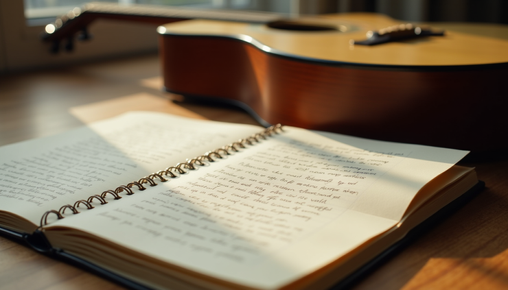 Eye-level view of a notebook with handwritten song lyrics and a guitar on a wooden table