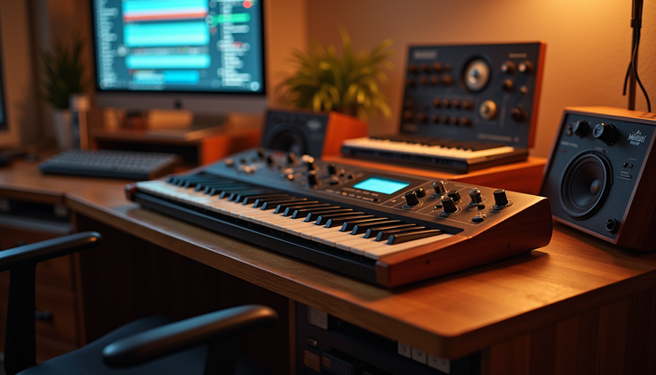 Eye-level view of a vintage 1980s music workstation with keyboard and drum machine