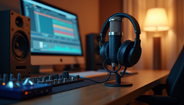 Eye-level view of a compact home recording studio setup with microphone, audio interface, and computer