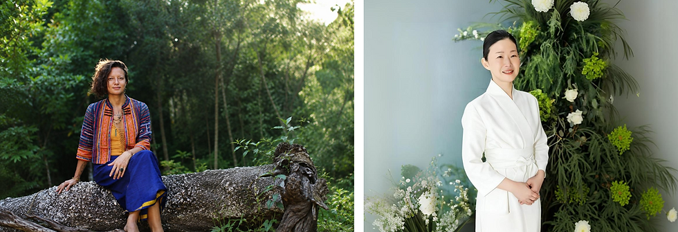 Split-screen: woman sits on a log in a lush forest; another smiles in a white robe beside green-and-white flowers.