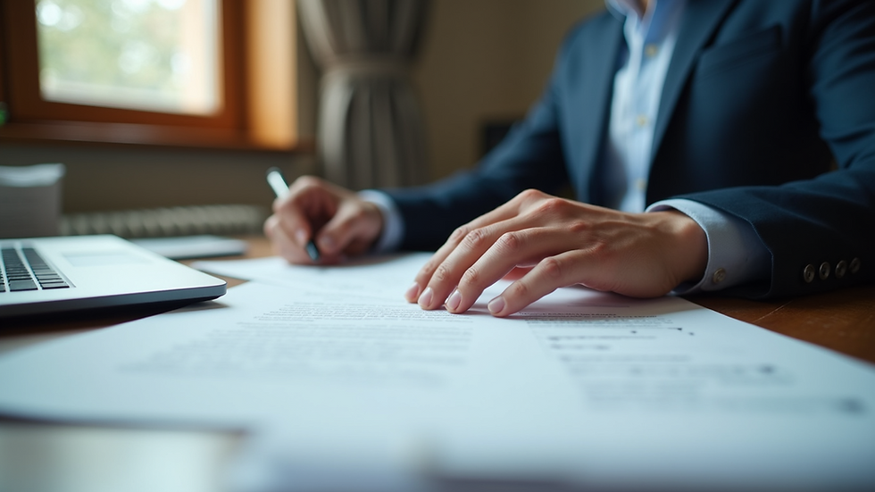 Eye-level view of a person sitting at a desk with legal documents spread out