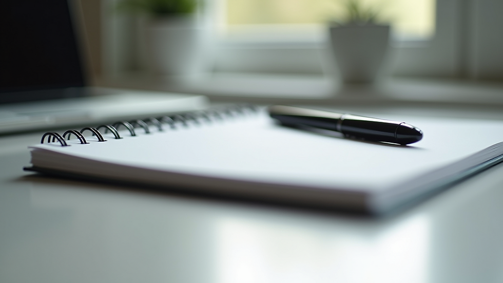 Eye-level view of a notebook with a pen resting on a blank page