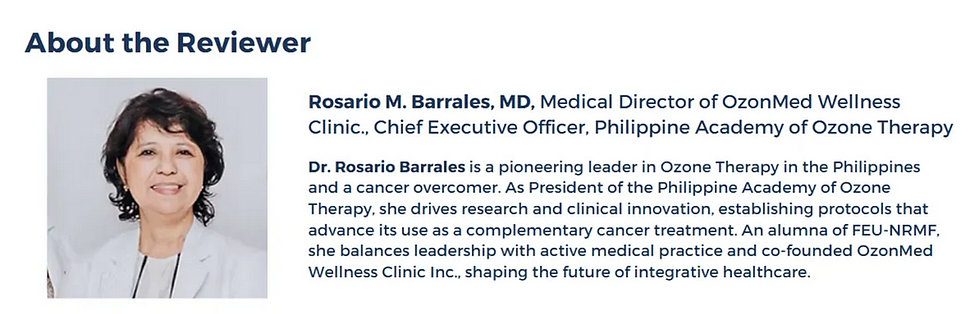 Smiling woman in a professional setting. Text: "About the Reviewer," details Dr. Rosario Barrales, a leader in Ozone Therapy.
Ozone therapy: Uses, benefits, and side effects