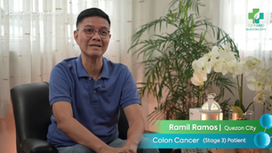 Ramil Ramos, Stage 3 Colon Cancer patient at OzonMed Quezon City, sharing his success story with Ozone Therapy. The image features the #CancerFearNoMore campaign logo and OzonMed Wellness Clinic branding