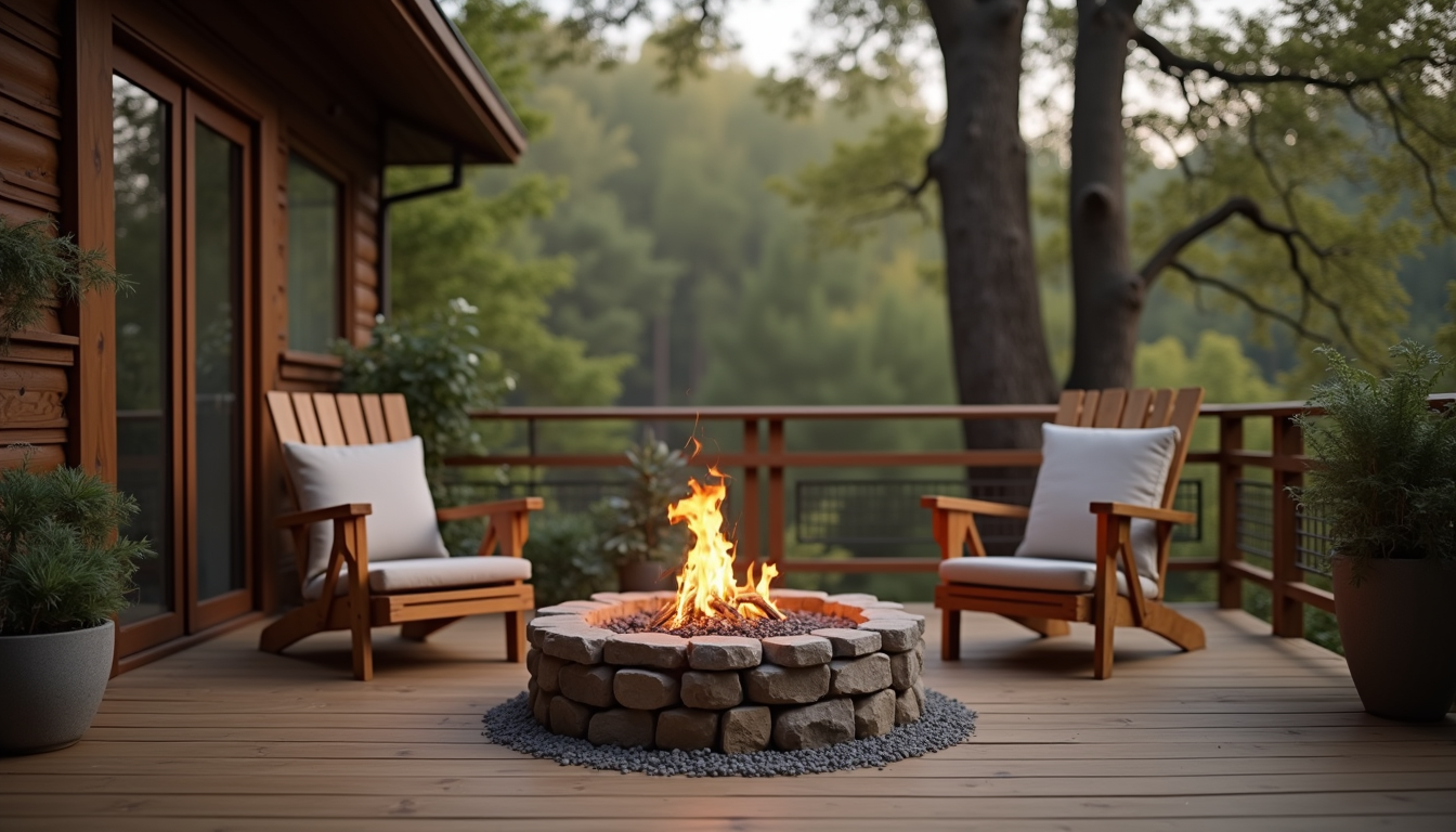 Close-up view of a wooden deck with a fire pit and comfortable chairs surrounded by trees