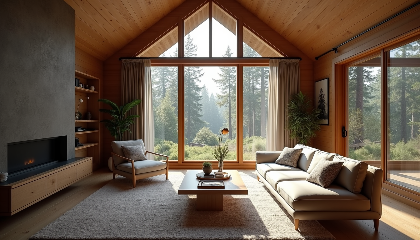 Eye-level view of a spacious cabin living room with large windows overlooking forest