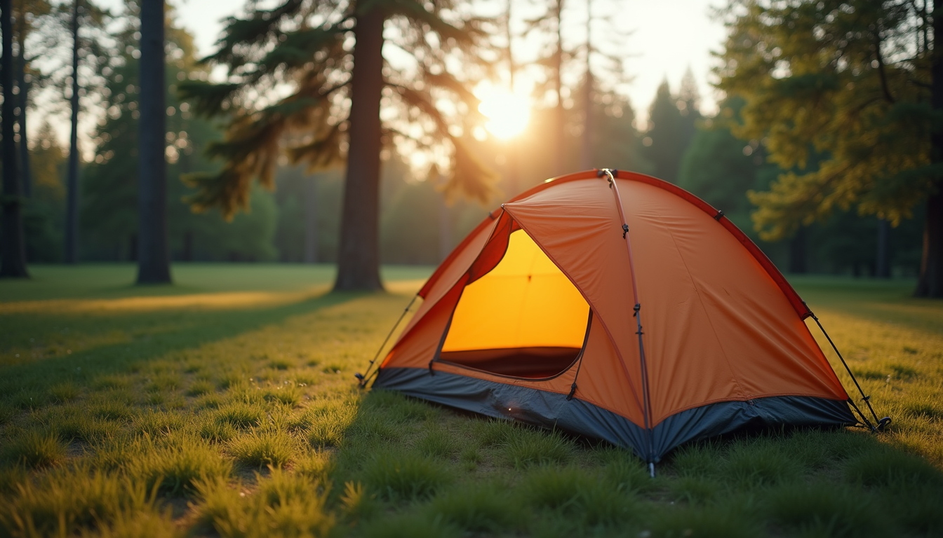 Close-up view of a tent pitched on a grassy site with trees in the background