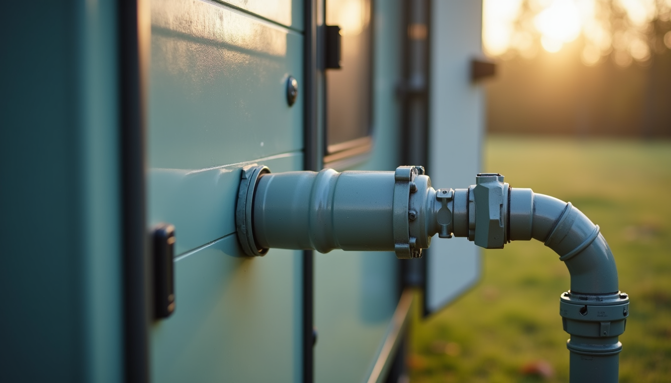 Close-up view of RV water filter attached to a hose
